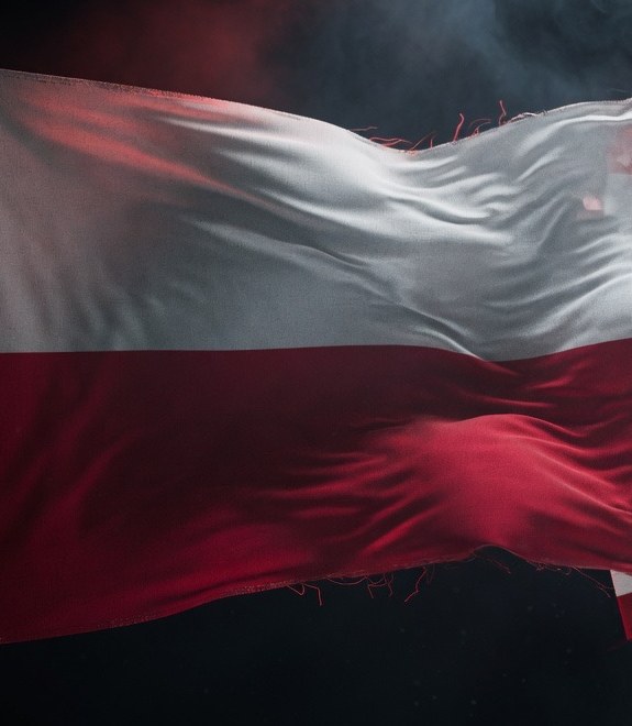 Polish flag flying to the right